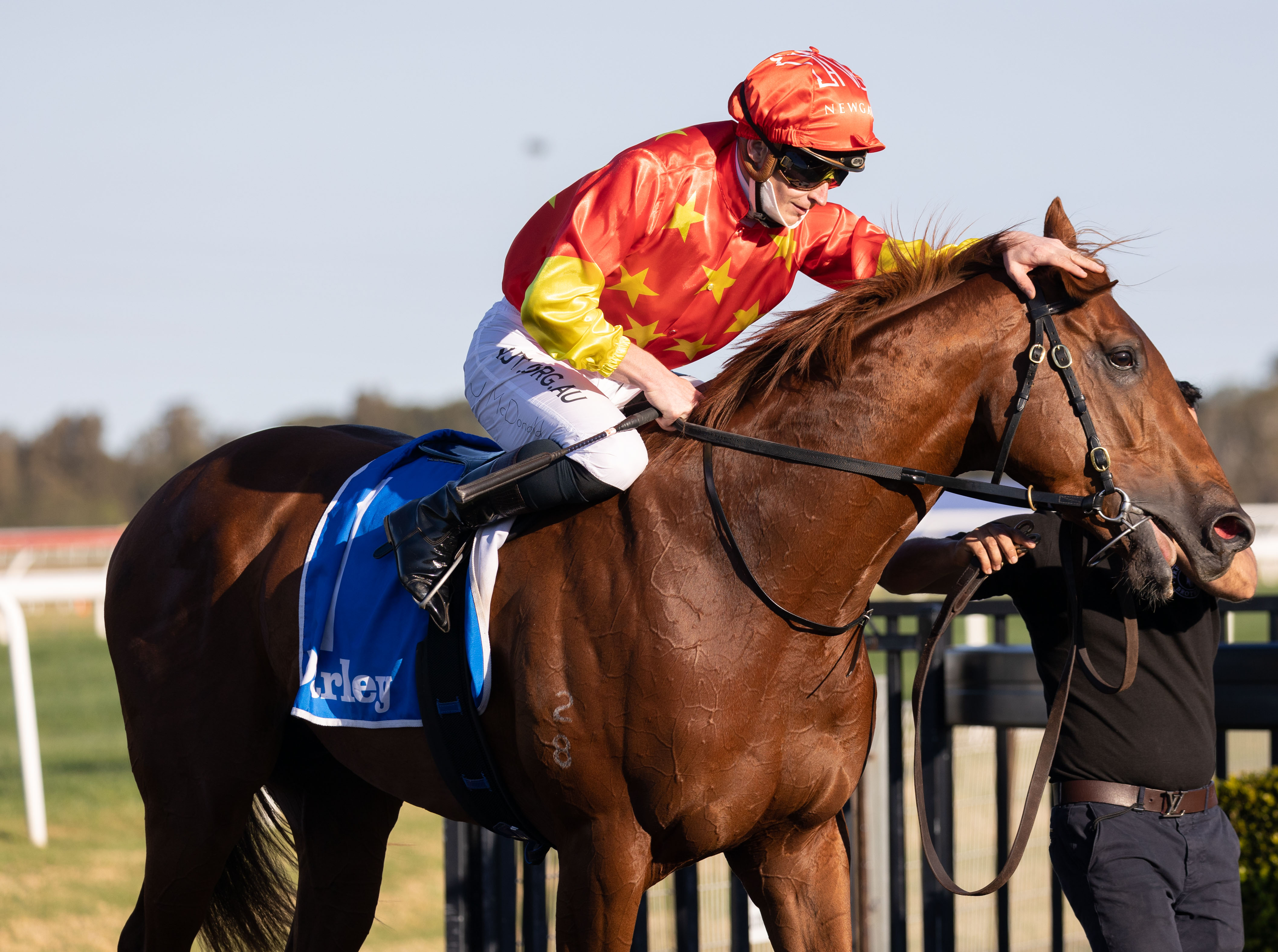 Tiger Of Malay (James McDonald, inside, red cap) wins the Up & Coming Stakes (Group 3) at Kembla Grange on August 14, 2021 - photo by Martin King/Sportpix copyright